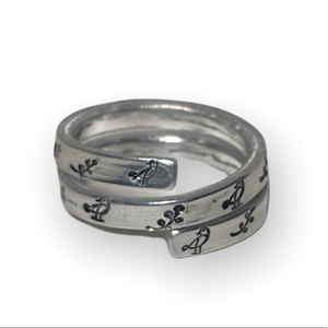 Handmade 8/9 hand stamped bird/nature adjustable hypoallergenic silver wrap ring